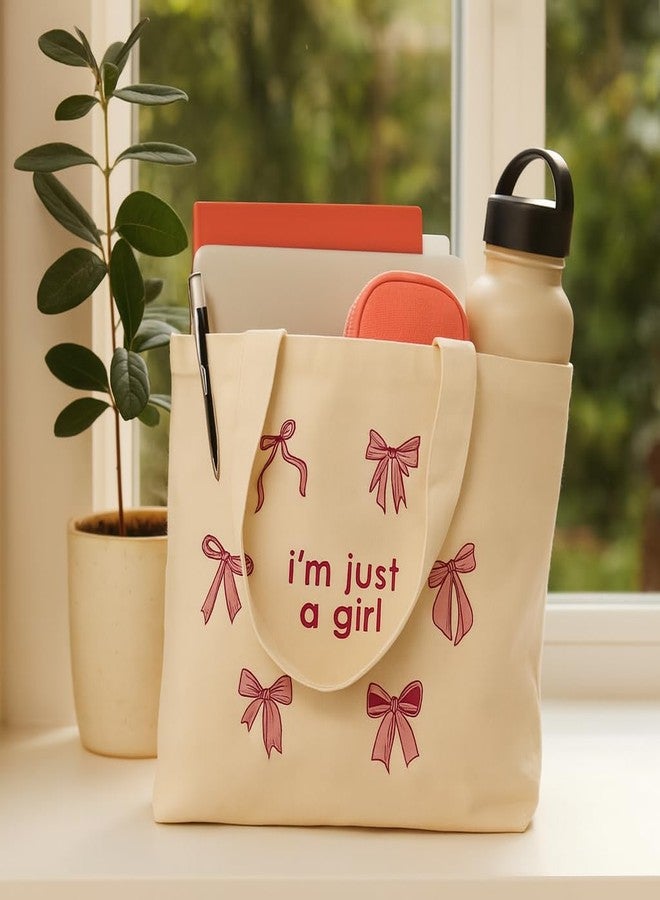 FUNKYFINDS “I’m Just a Girl” Cute Pink Bow Embroidery Tote Bag for Women - Aesthetic Canvas Shoulder Bag for Daily Use, Shopping, College & Travel, Office & Casual Outings - Image 5